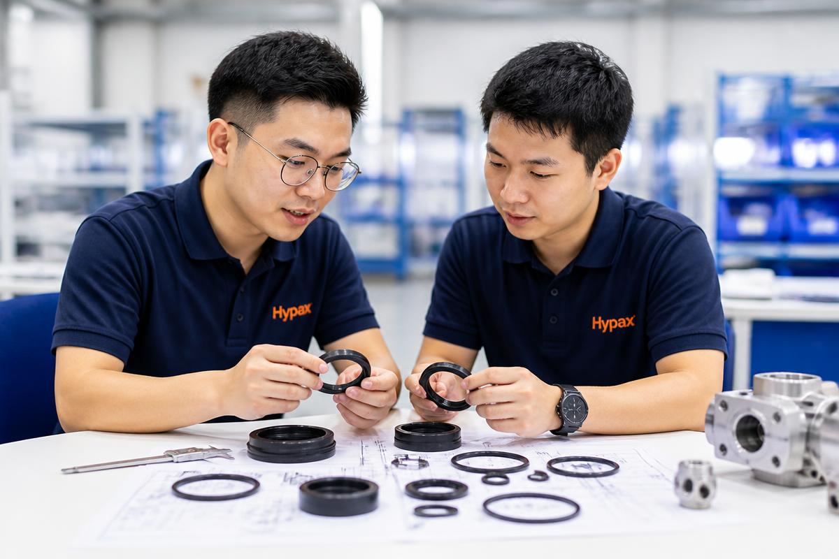 Two Hypax engineers examining industrial seals at a workbench