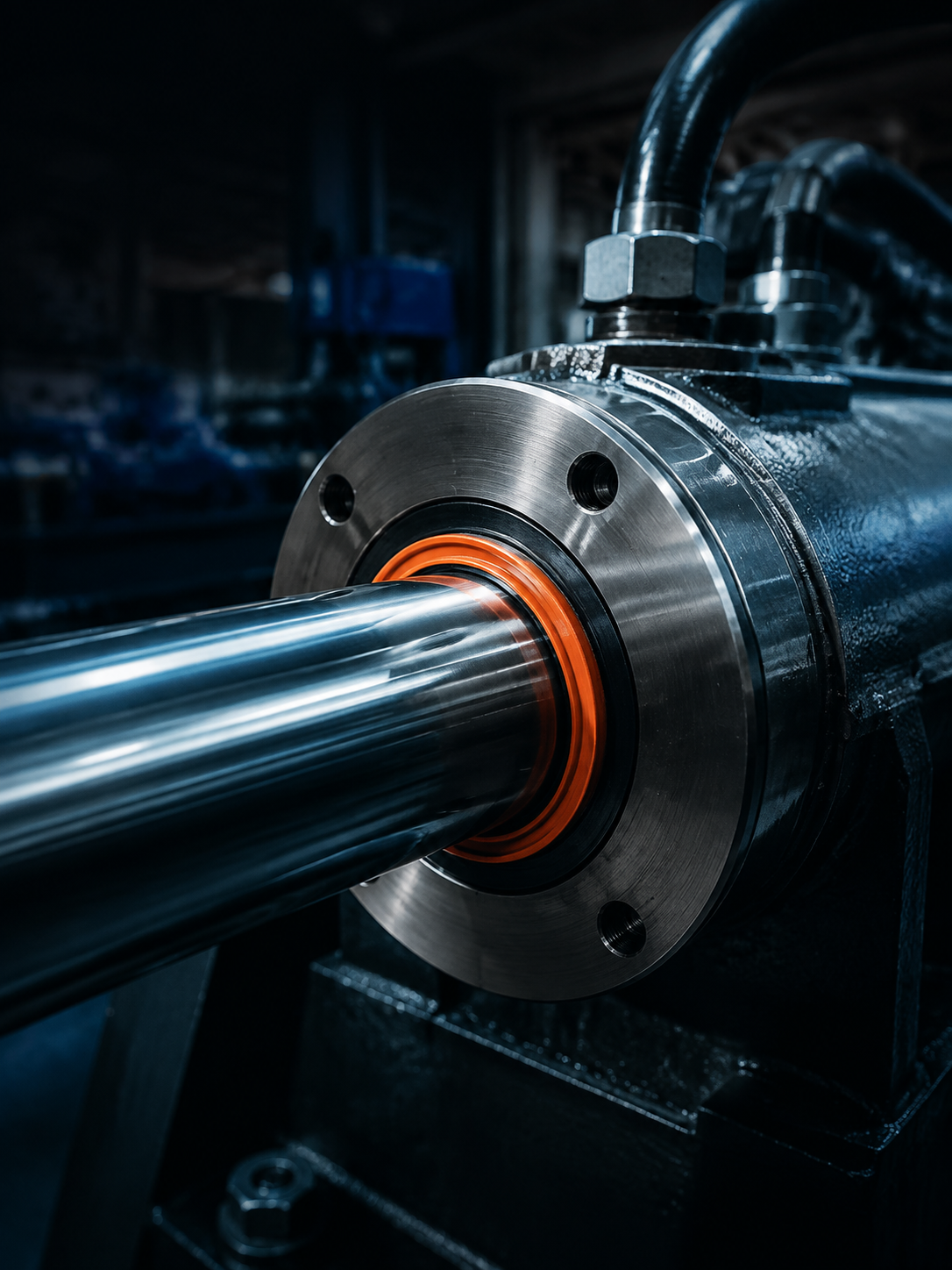 Hydraulic cylinder rod with high-performance orange seal in an industrial application